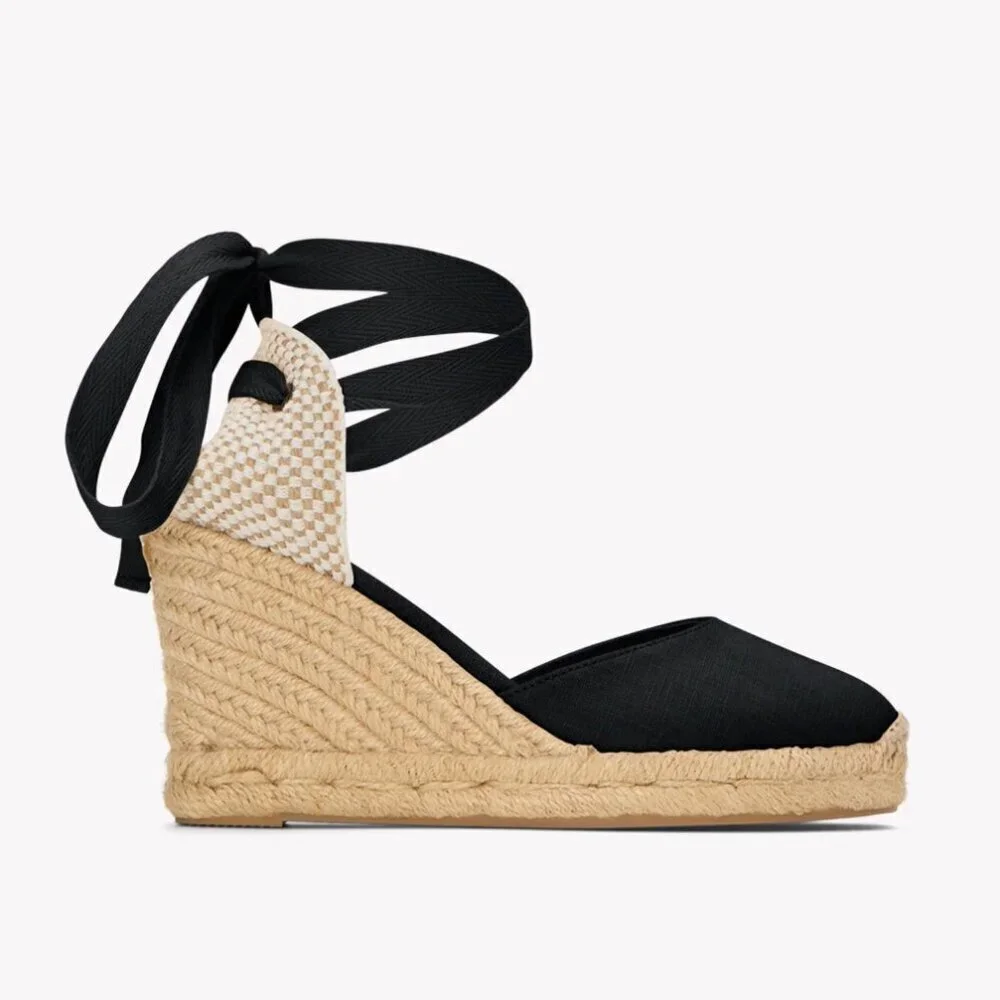 Soludos Marseille Ankle Tie 3.5” Jute Wedge Black Linen, size 10